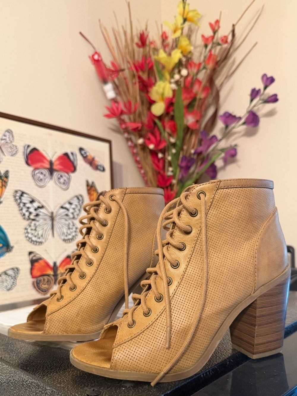 Lace-Up Tan Peep-Toe Ankle Booties